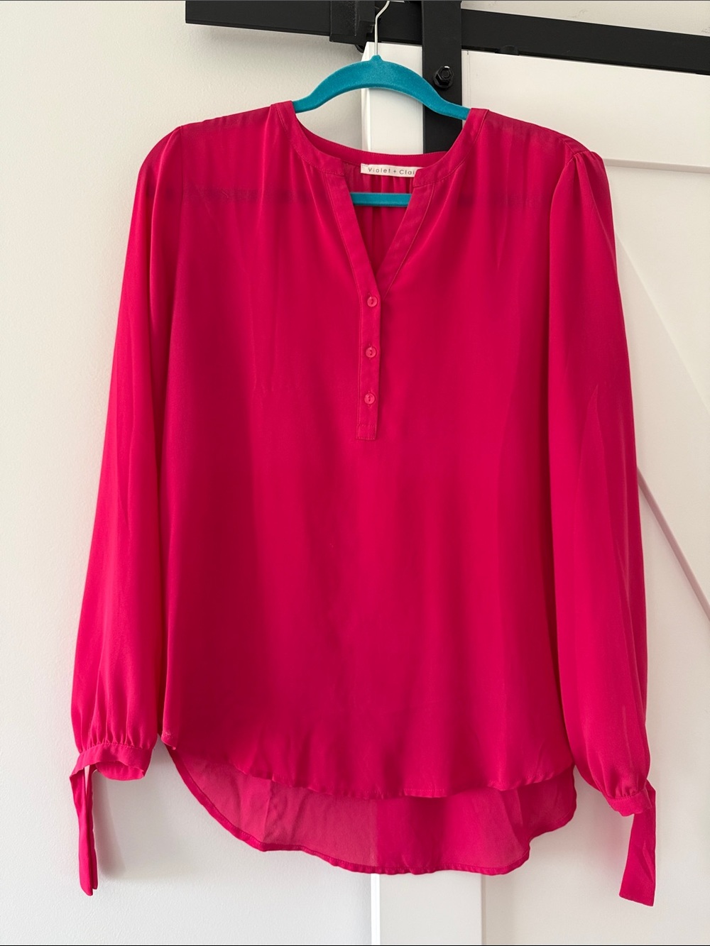 Violet & Claire Bright Pink Split-Neck Long Sleeve Blouse